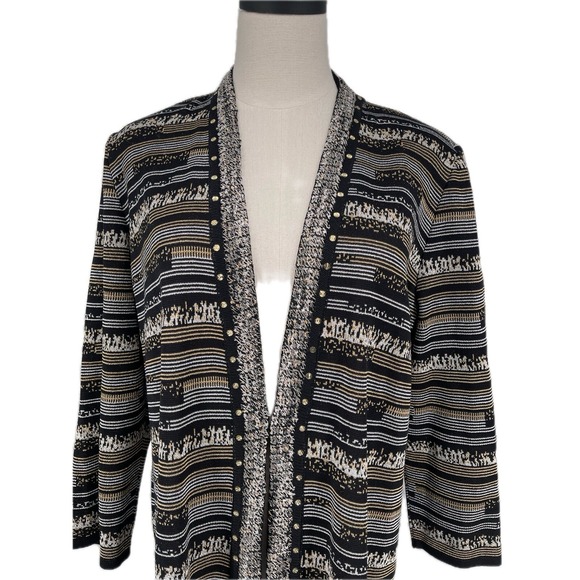 NWT Misook Women's Black Gold Silver Metallic Geometric Long Knit Cardigan XL - Picture 5 of 12